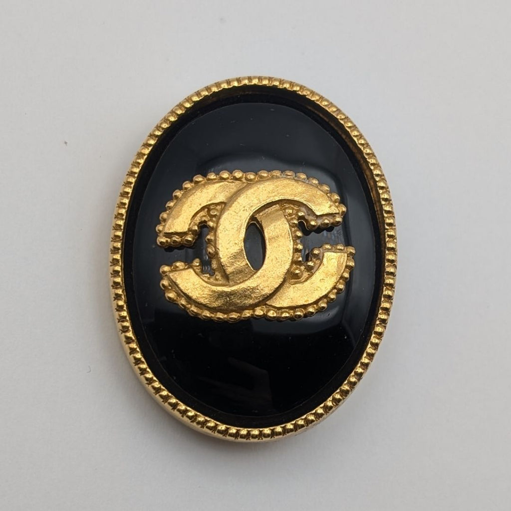 Chanel Brooch CC Logo Gold Black Stone Vintage