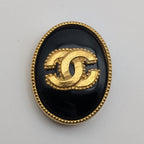 Chanel Brooch CC Logo Gold Black Stone Vintage
