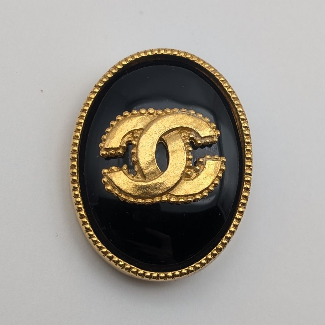 Chanel Brooch CC Logo Gold Black Stone Vintage