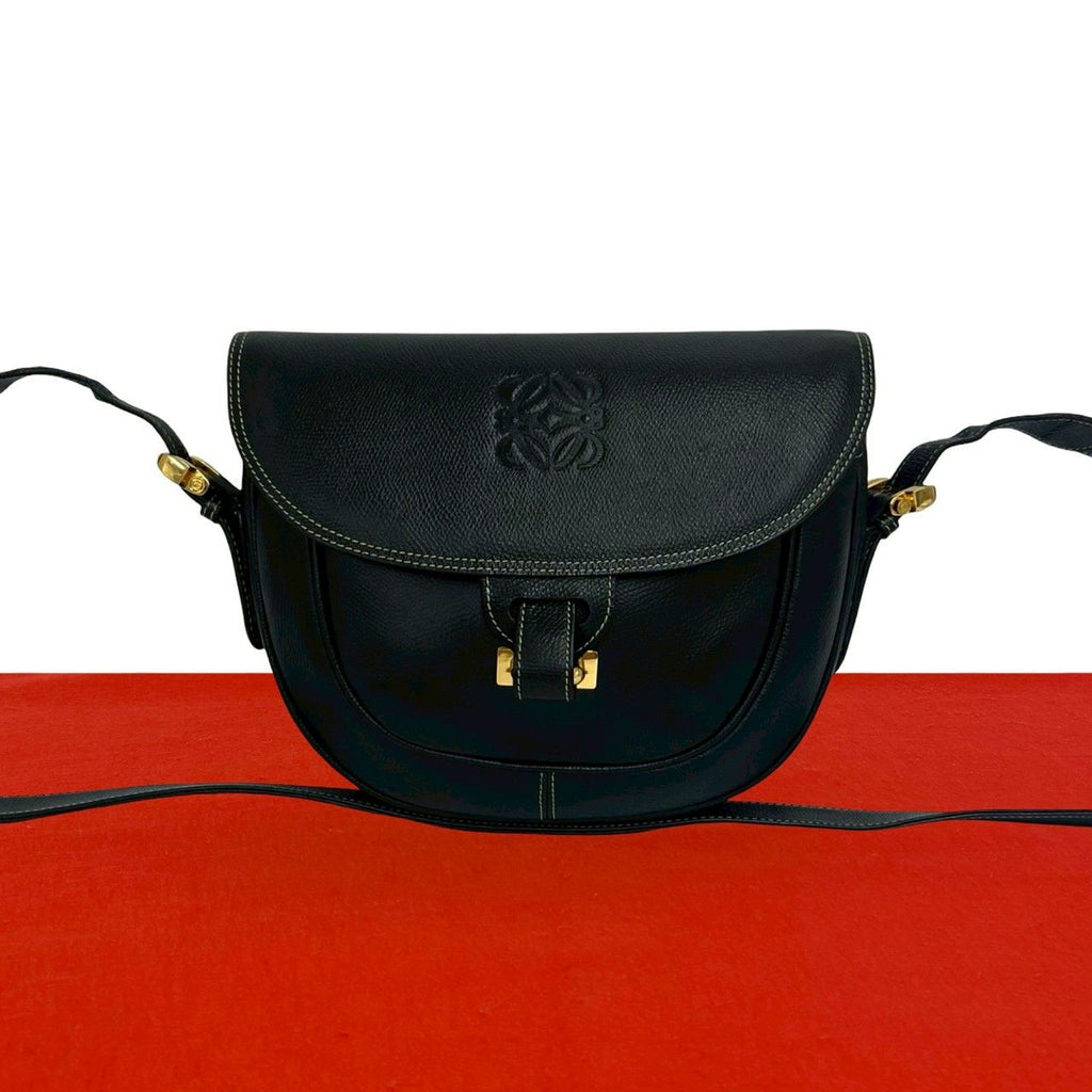 Loewe Vintage Anagram Log Leather Shoulder Bag Pochette Crossbody Black