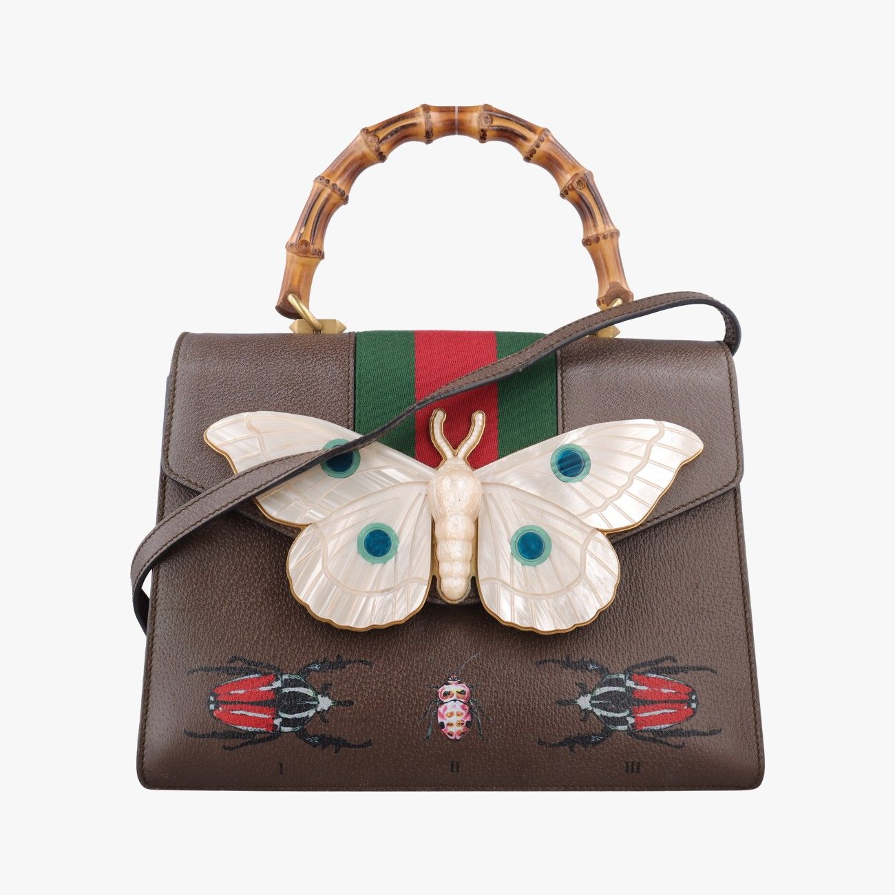 Gucci Bamboo Webbing Line Butterfly Brown Multicolor Leather Shoulder