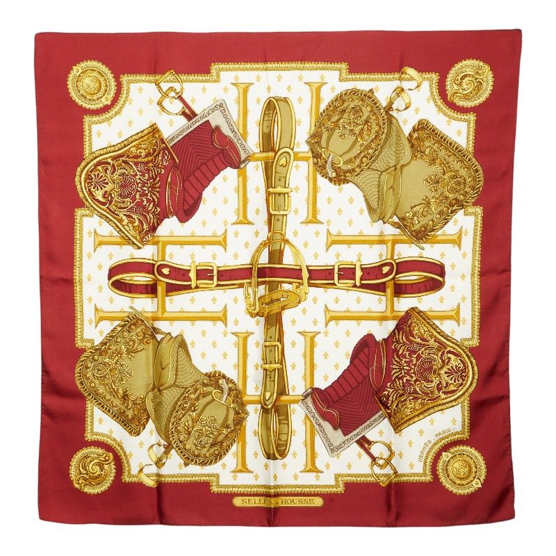 Hermes Carre 90 Cover Seat Selles a Housse Scarf Wine Red Multicolor Silk