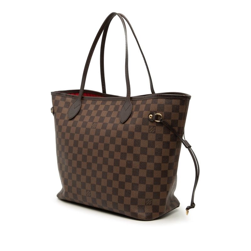 Louis Vuitton Damier Neverfull MM Tote Shoulder Bag Brown Cerise Red Leather