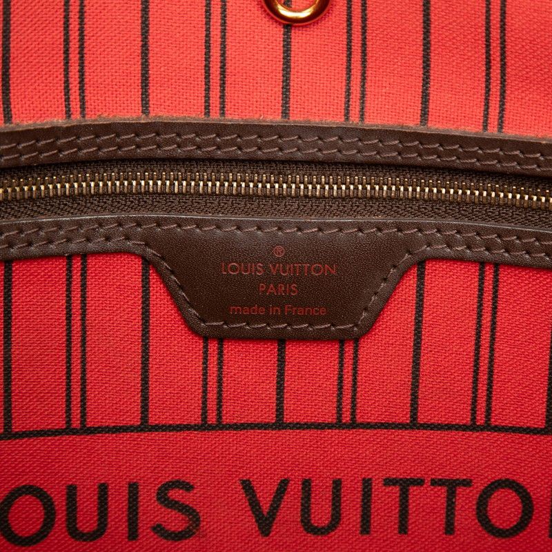 Louis Vuitton Damier Neverfull MM Tote Shoulder Bag Brown Cerise Red Leather