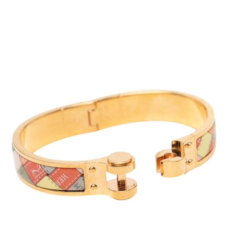 Hermes Charnier PM Bolduc AU Carre Check Bangle Bracelet Gold Multicolor Plated