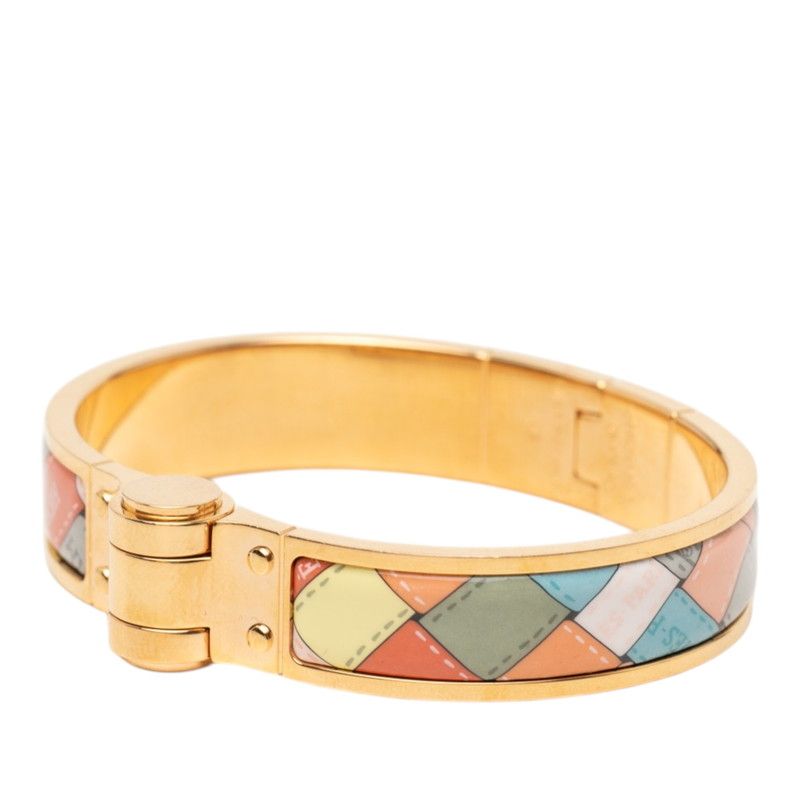 Hermes Charnier PM Bolduc AU Carre Check Bangle Bracelet Gold Multicolor Plated