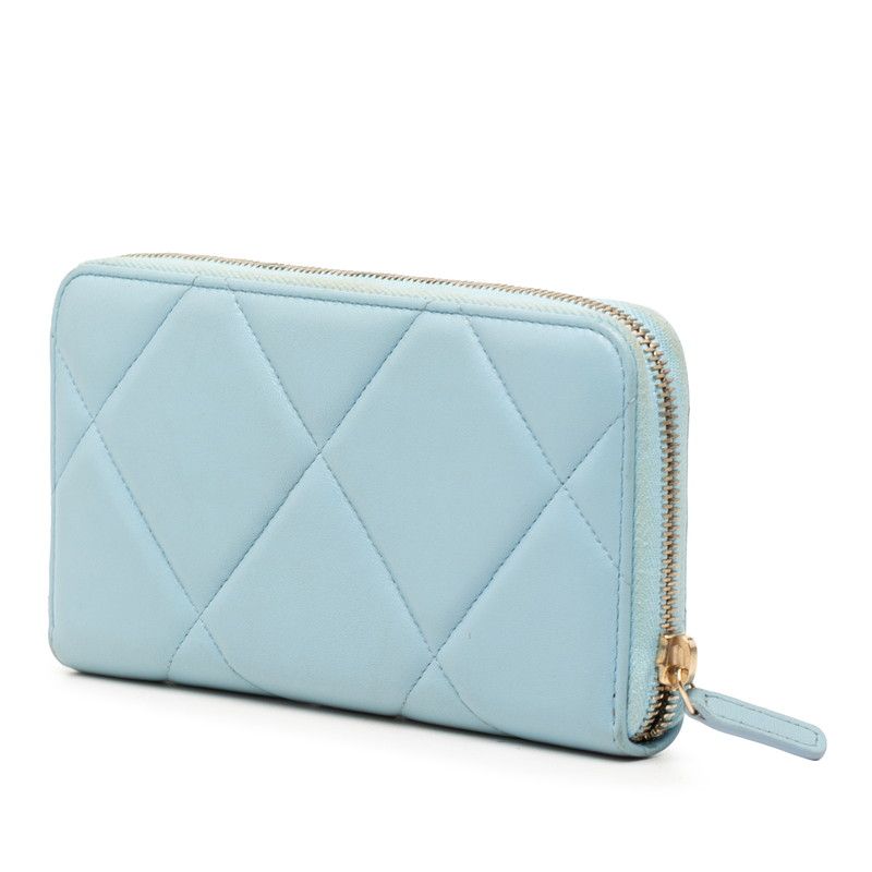Chanel 19 Dizeneuf Quilted CC Logo Long Zip Wallet Blue Lambskin