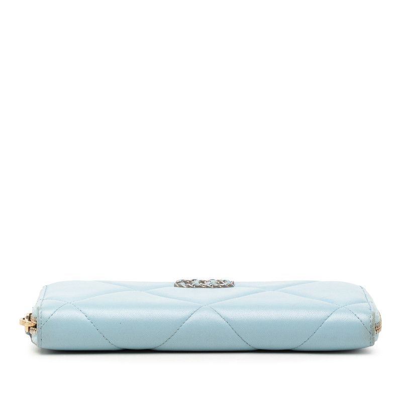 Chanel 19 Dizeneuf Quilted CC Logo Long Zip Wallet Blue Lambskin