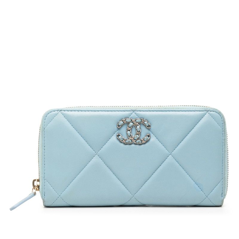 Chanel 19 Dizeneuf Quilted CC Logo Long Zip Wallet Blue Lambskin