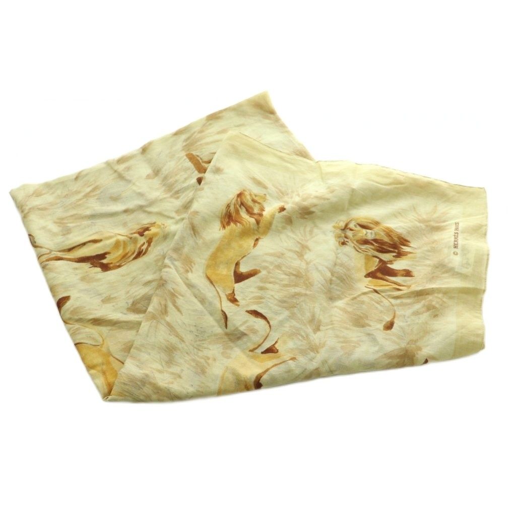 Hermes Lions Dans la Savane Shawl Lion Pattern Beige Brown Scarf — view 3