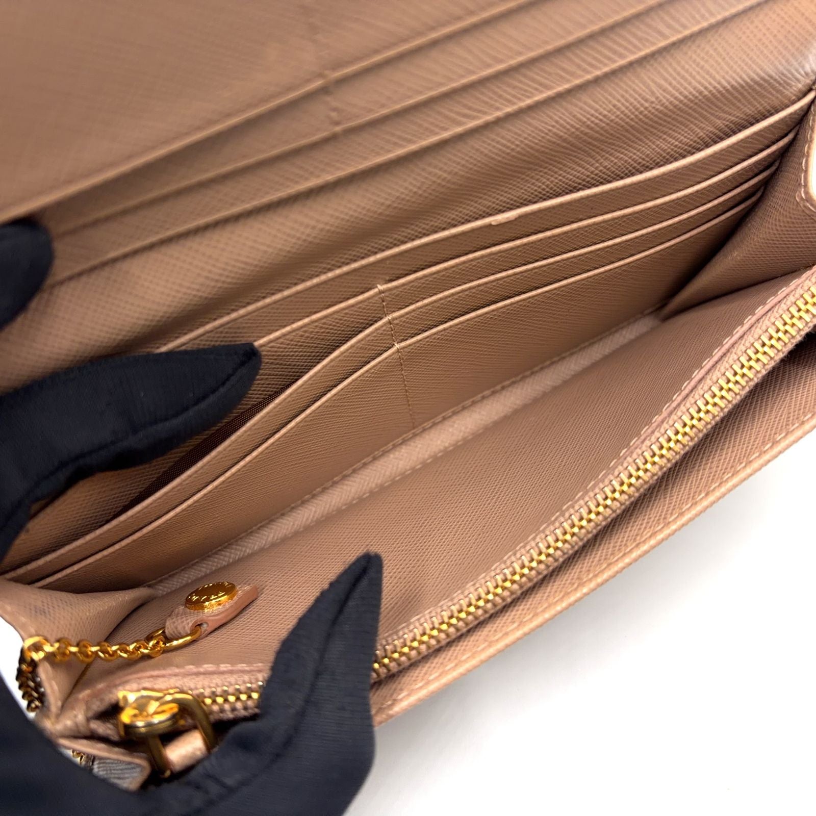 Prada Saffiano Metal Bifold Leather Pink Beige Wallet Gold — view 7