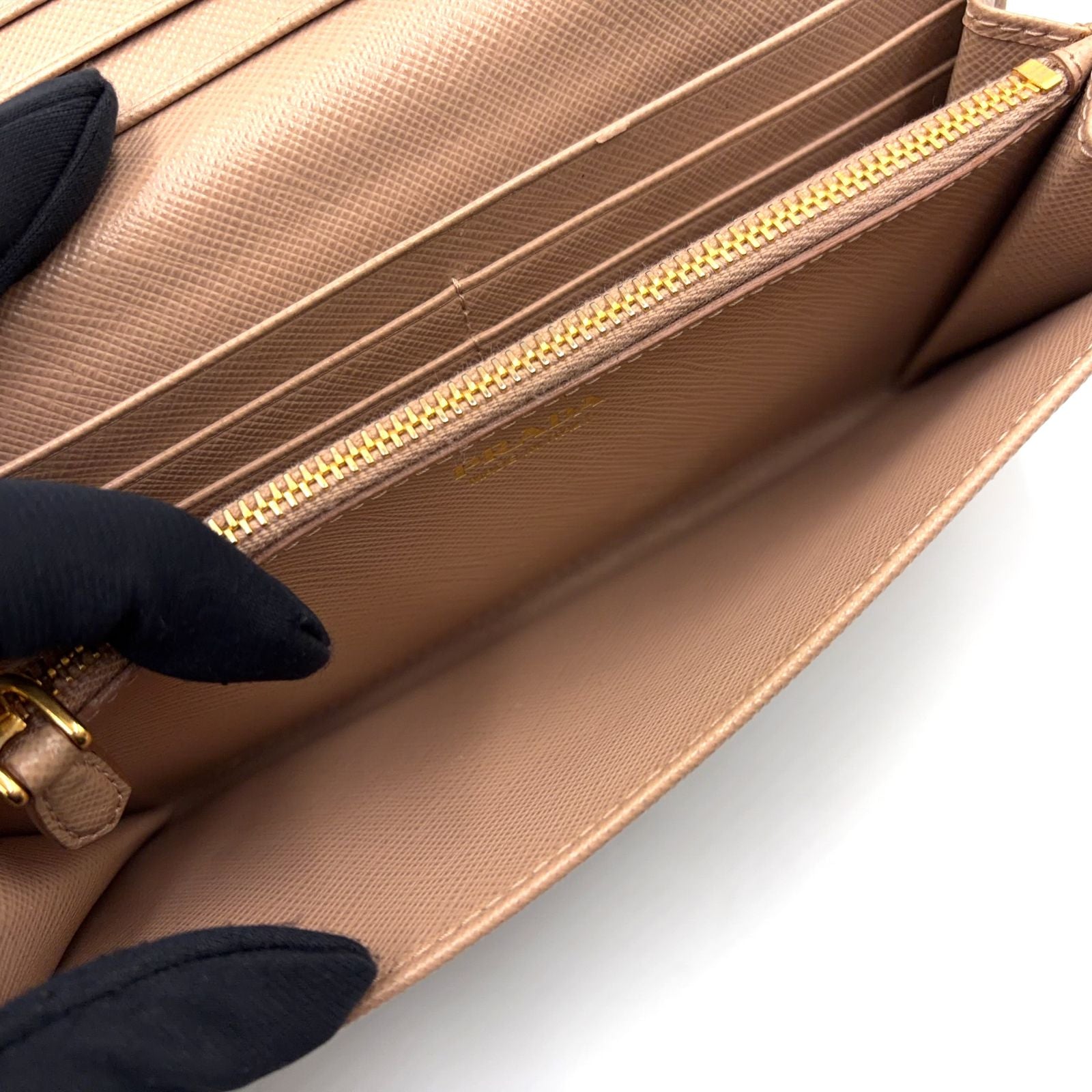 Prada Saffiano Metal Bifold Leather Pink Beige Wallet Gold — view 6