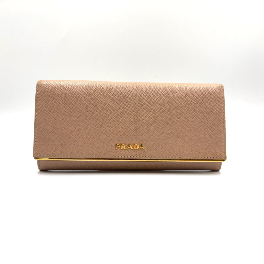 Prada Saffiano Metal Bifold Leather Pink Beige Wallet Gold