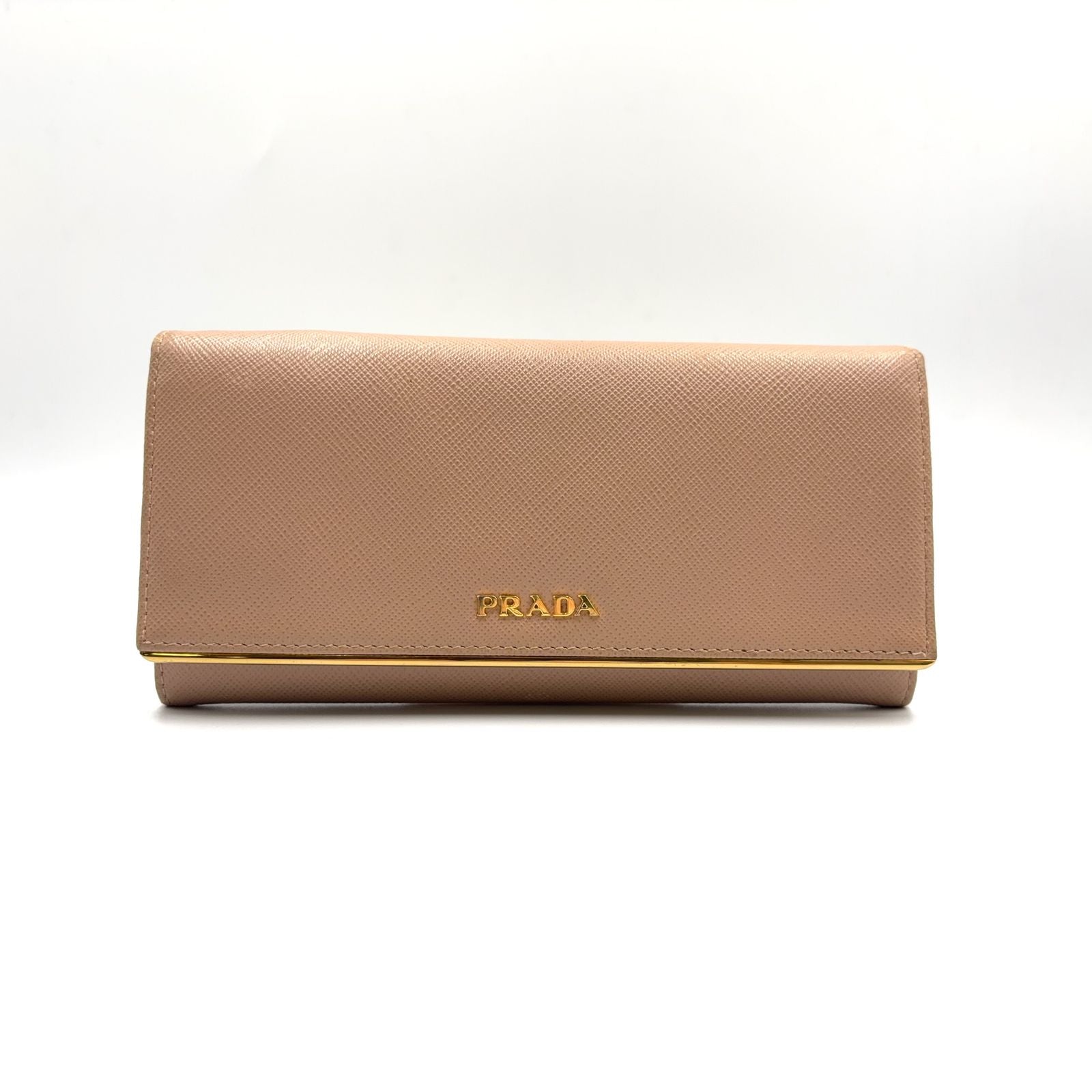 Prada Saffiano Metal Bifold Leather Pink Beige Wallet Gold