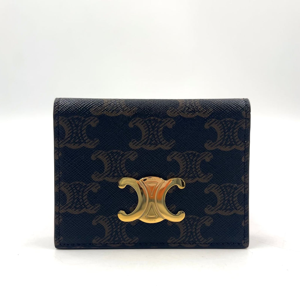 Celine Bifold Triomphe Leather Brown Light Card Case Gold