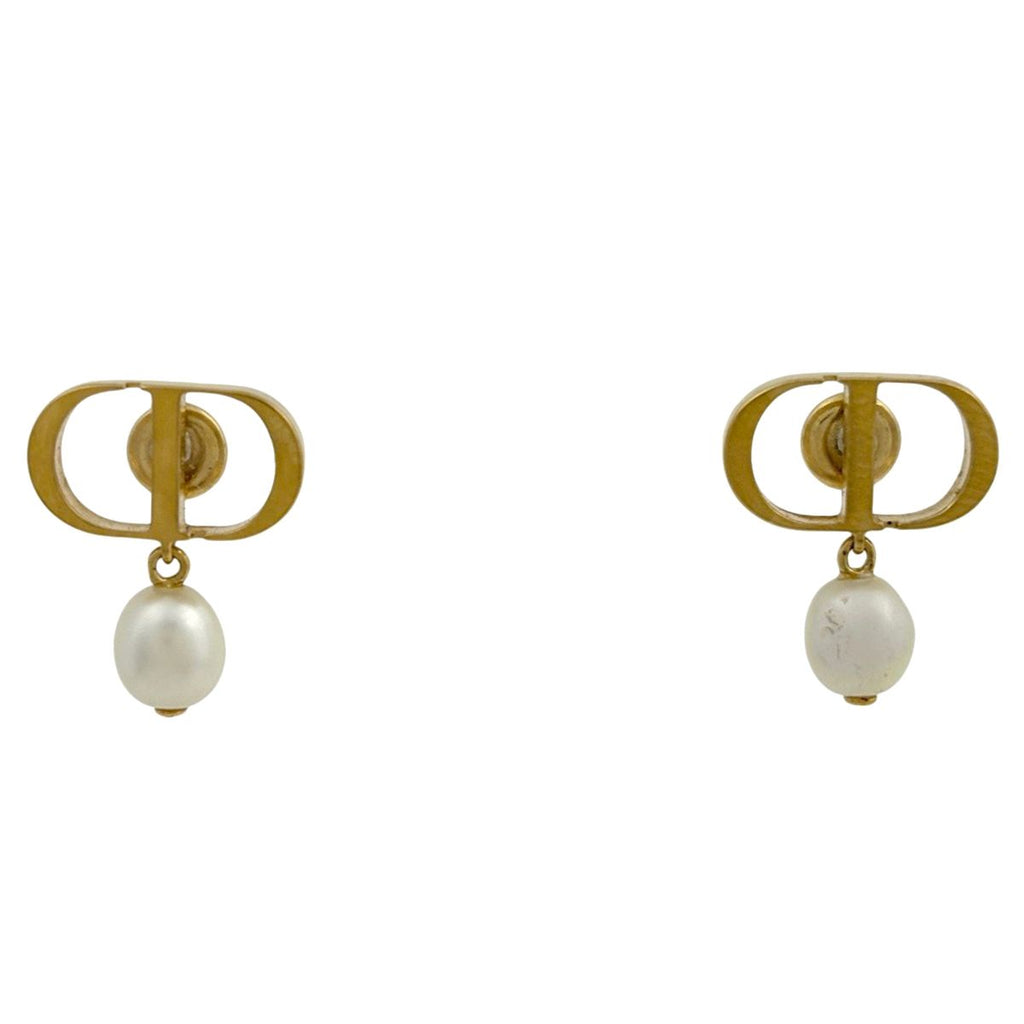 Dior Logo Faux Pearl Earrings CD Swing Gold Plated