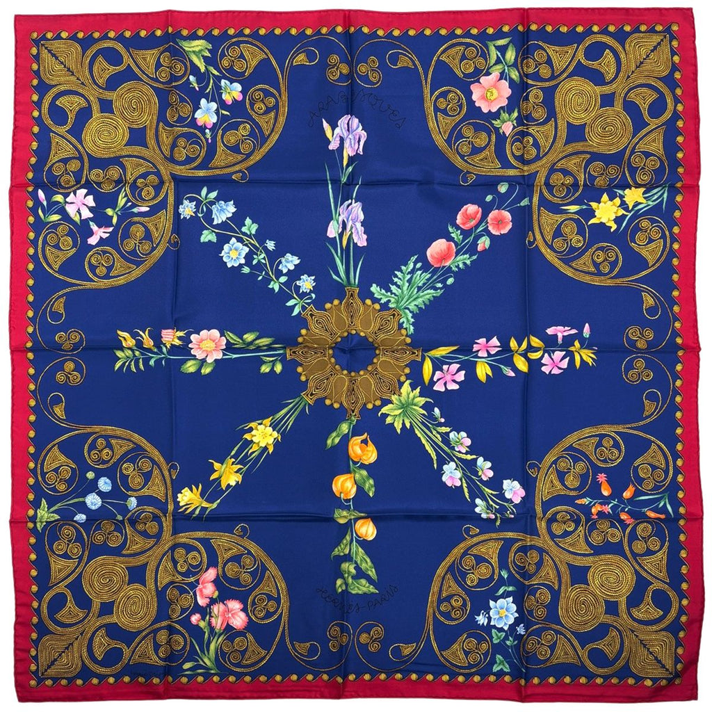 Hermes Carre 90 Arabesque Scarf Silk Blue Red Multicolor