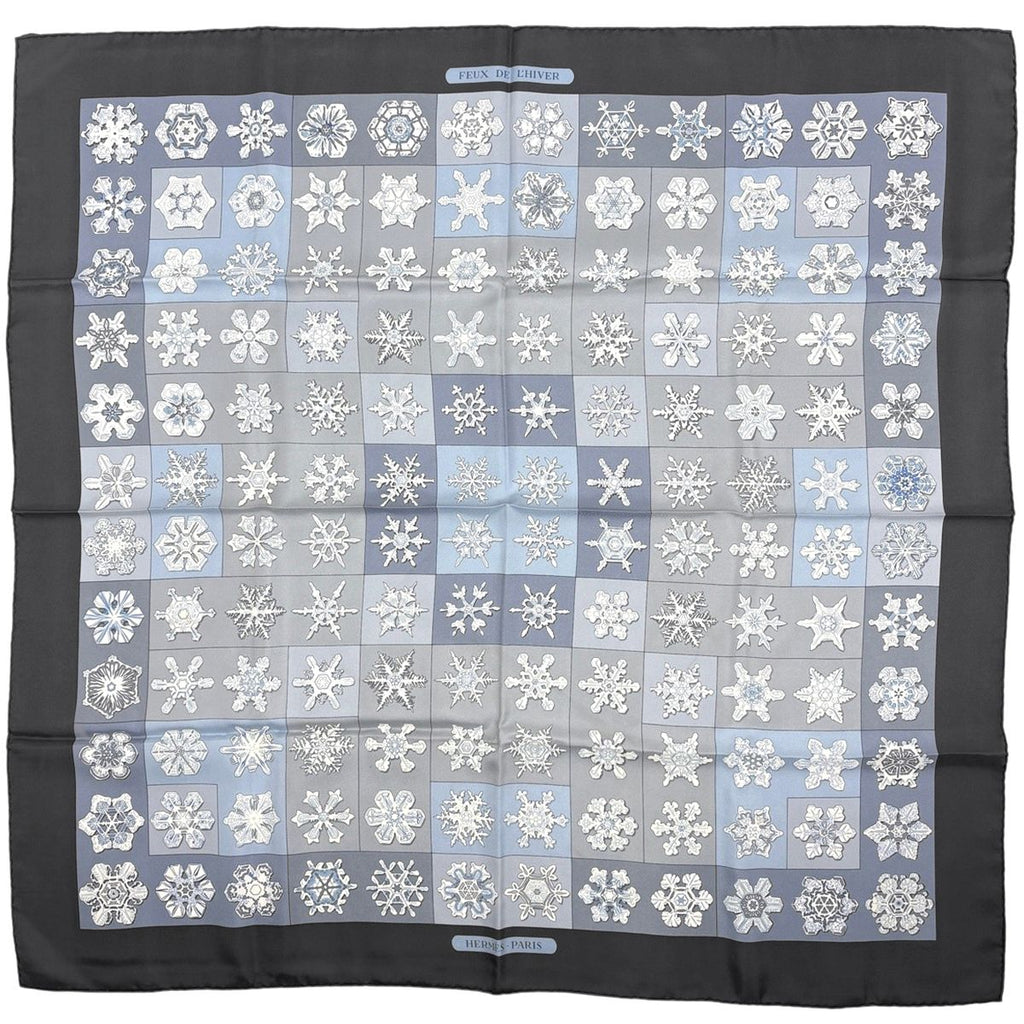 Hermes Carre 90 Feux de L'hiver Winter Fire Scarf Silk Gray Blue