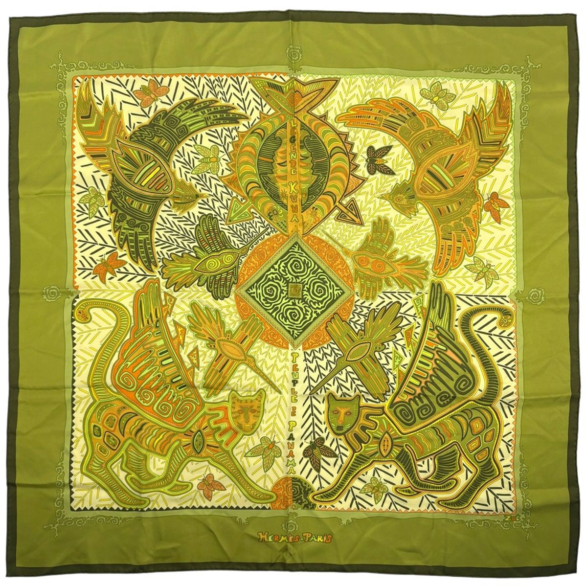 Hermes Carre 90 Legende Kuna Legend of the People of Panama Scarf Silk Green