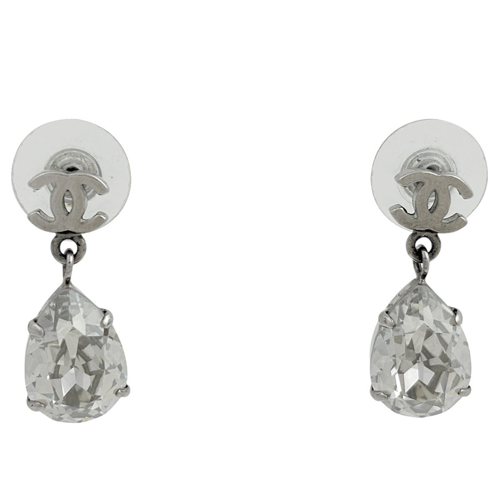 Chanel CC Logo Rhinestone Earrings Swing Silver Plated