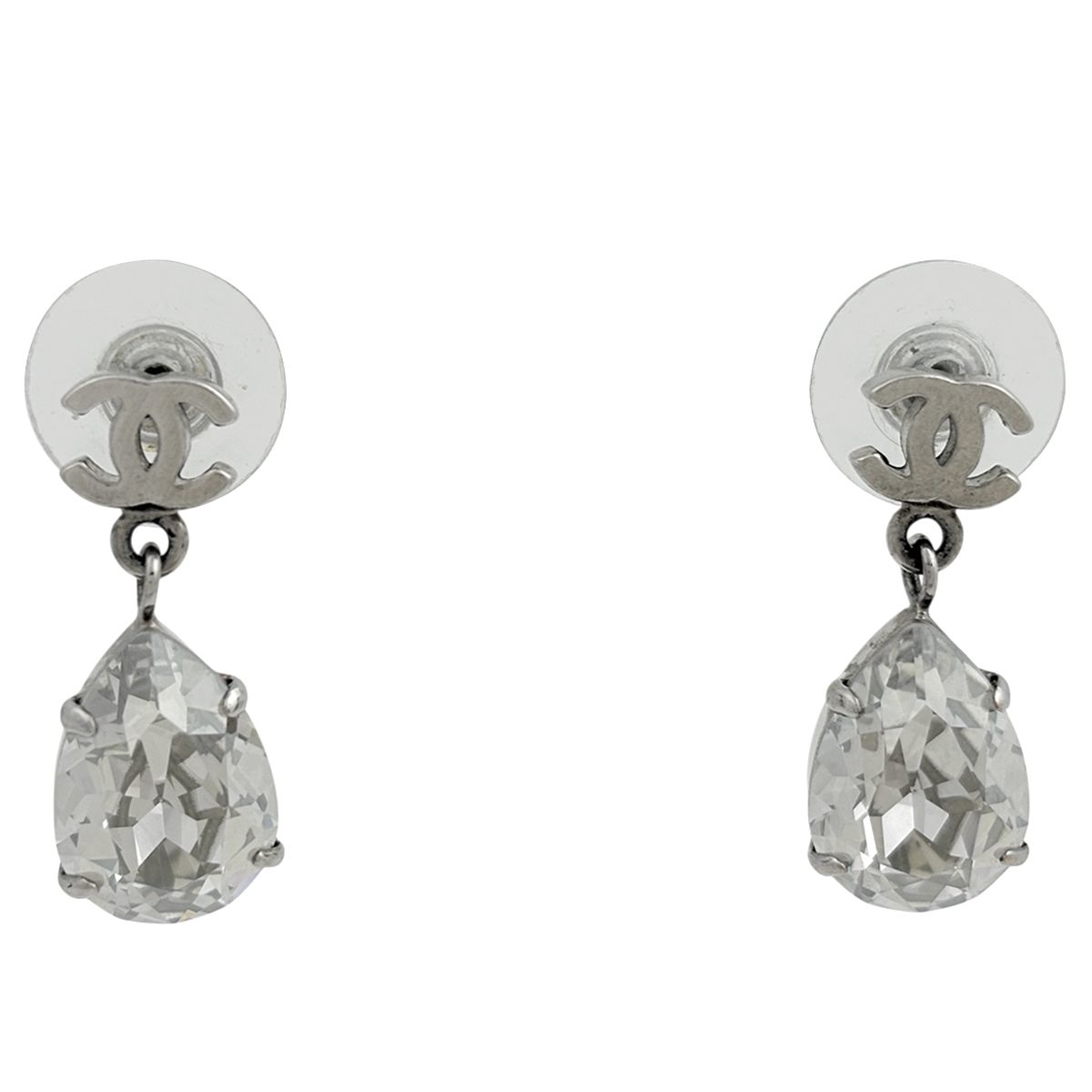 Chanel CC Logo Rhinestone Earrings Swing Silver Plated
