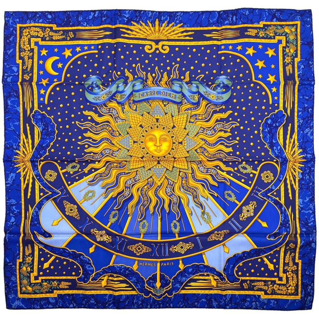 Hermes Carre 90 Carpe Diem Enjoy Your Day Sun Moon Star Scarf Silk Blue