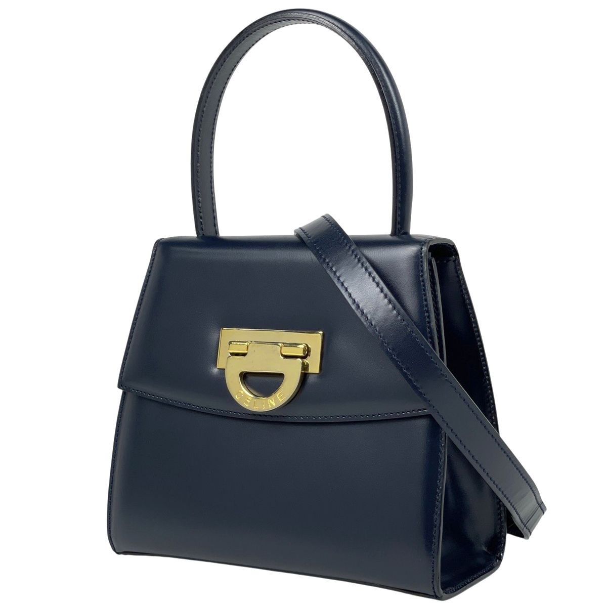 Celine Logo Handbag 2-Way Leather Navy