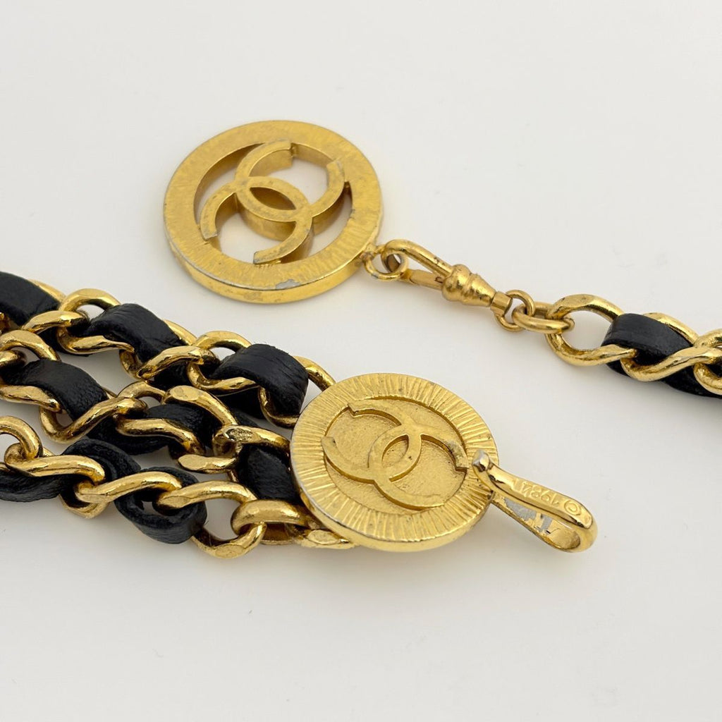 Chanel CC Logo Chain Belt Triple Strand Leather Gold Black — view 2