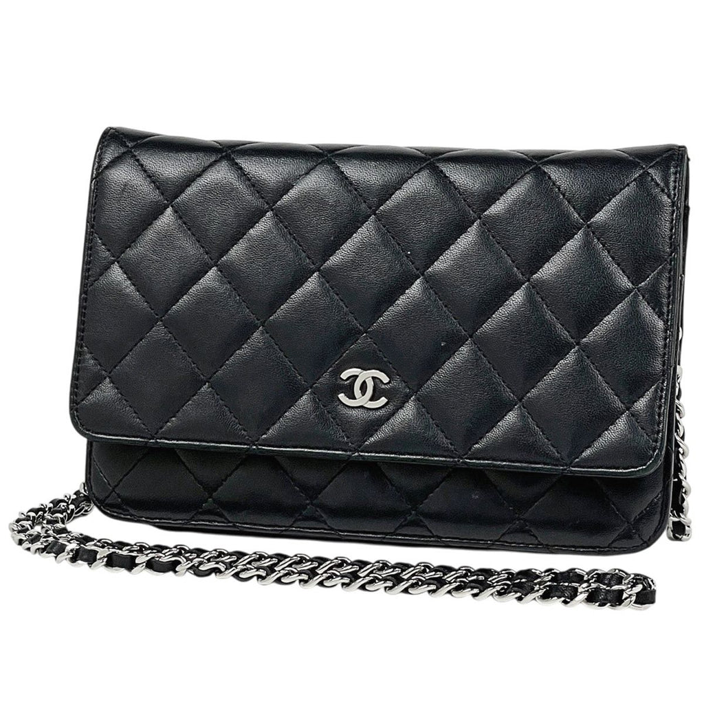 Chanel CC Logo Chain Wallet Shoulder Bag Leather Black