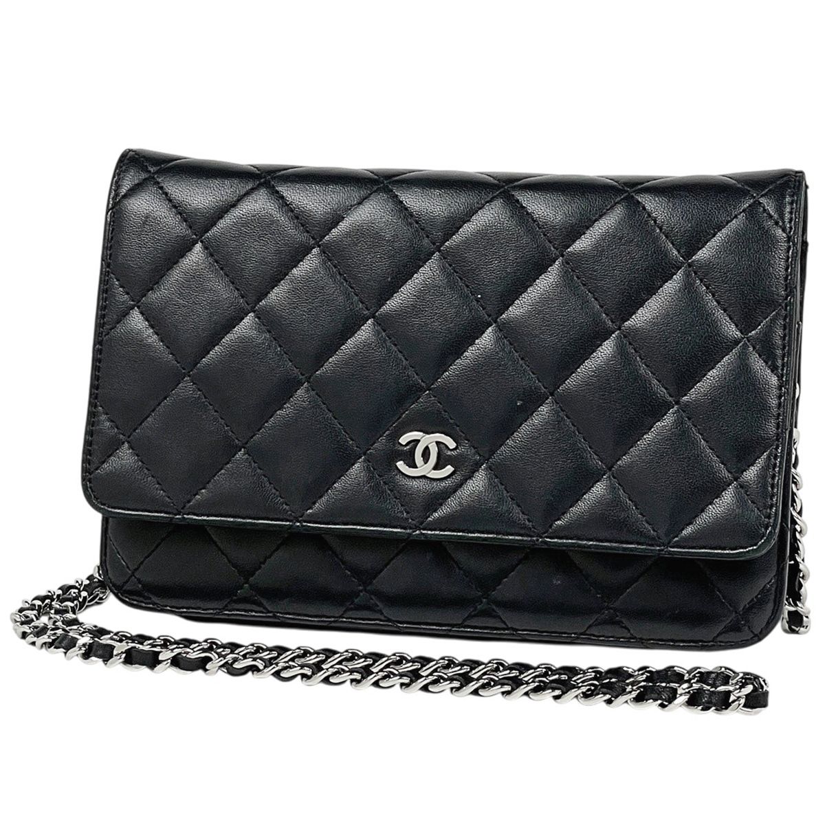 Chanel CC Logo Chain Wallet Shoulder Bag Leather Black