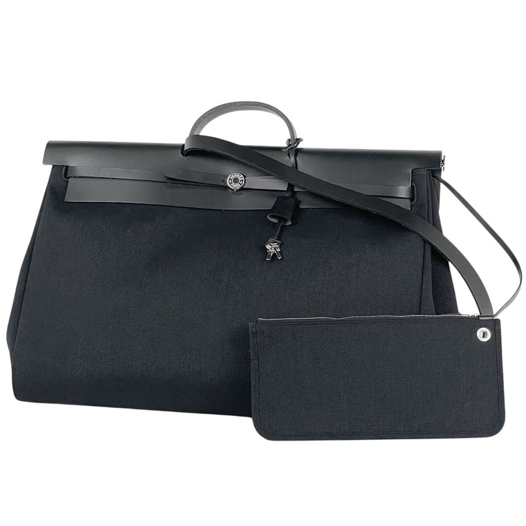 Hermes Herbag Zip GM 2-Way Toile Military Vache Hunter Handbag Canvas Noir