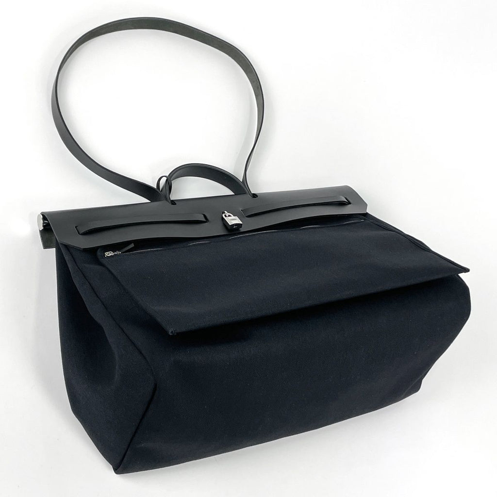 Hermes Herbag Zip GM 2-Way Toile Military Vache Hunter Handbag Canvas Noir — view 2