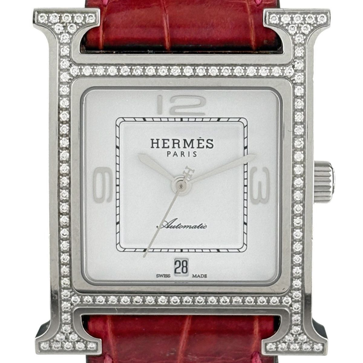Hermes Watch SS Leather Diamond Automatic Winding White