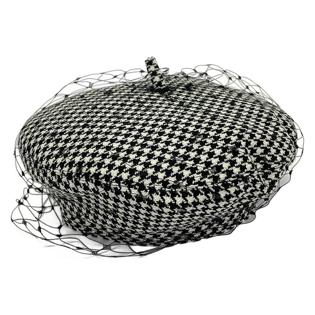 Dior Hat 57 Black White Beret Houndstooth Pattern Wool Silk