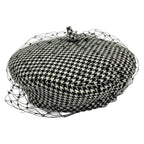 Dior Hat 57 Black White Beret Houndstooth Pattern Wool Silk
