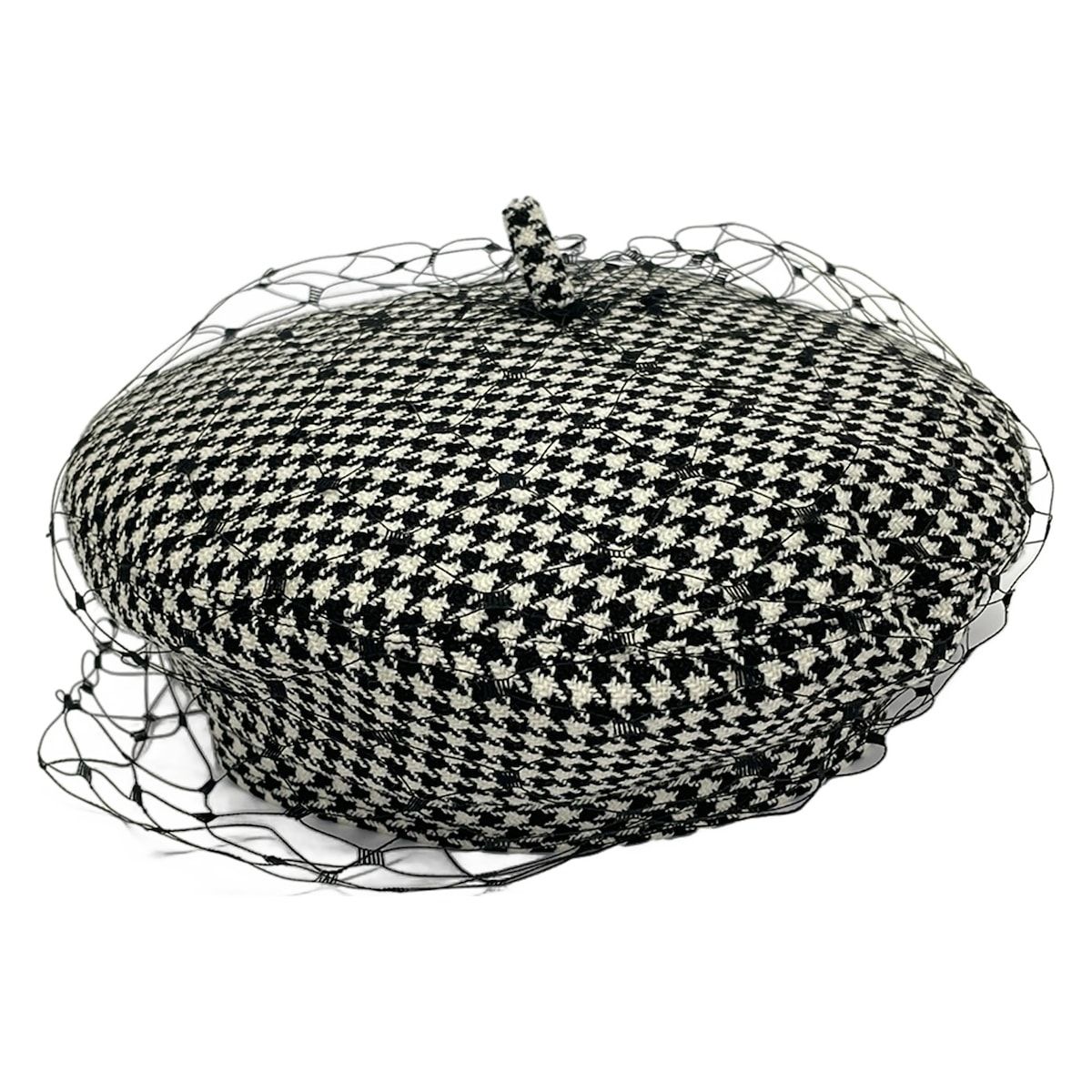 Dior Hat 57 Black White Beret Houndstooth Pattern Wool Silk