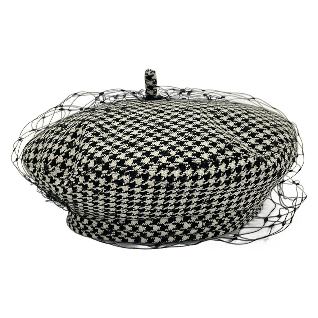 Dior Hat 57 Black White Beret Houndstooth Pattern Wool Silk — view 2