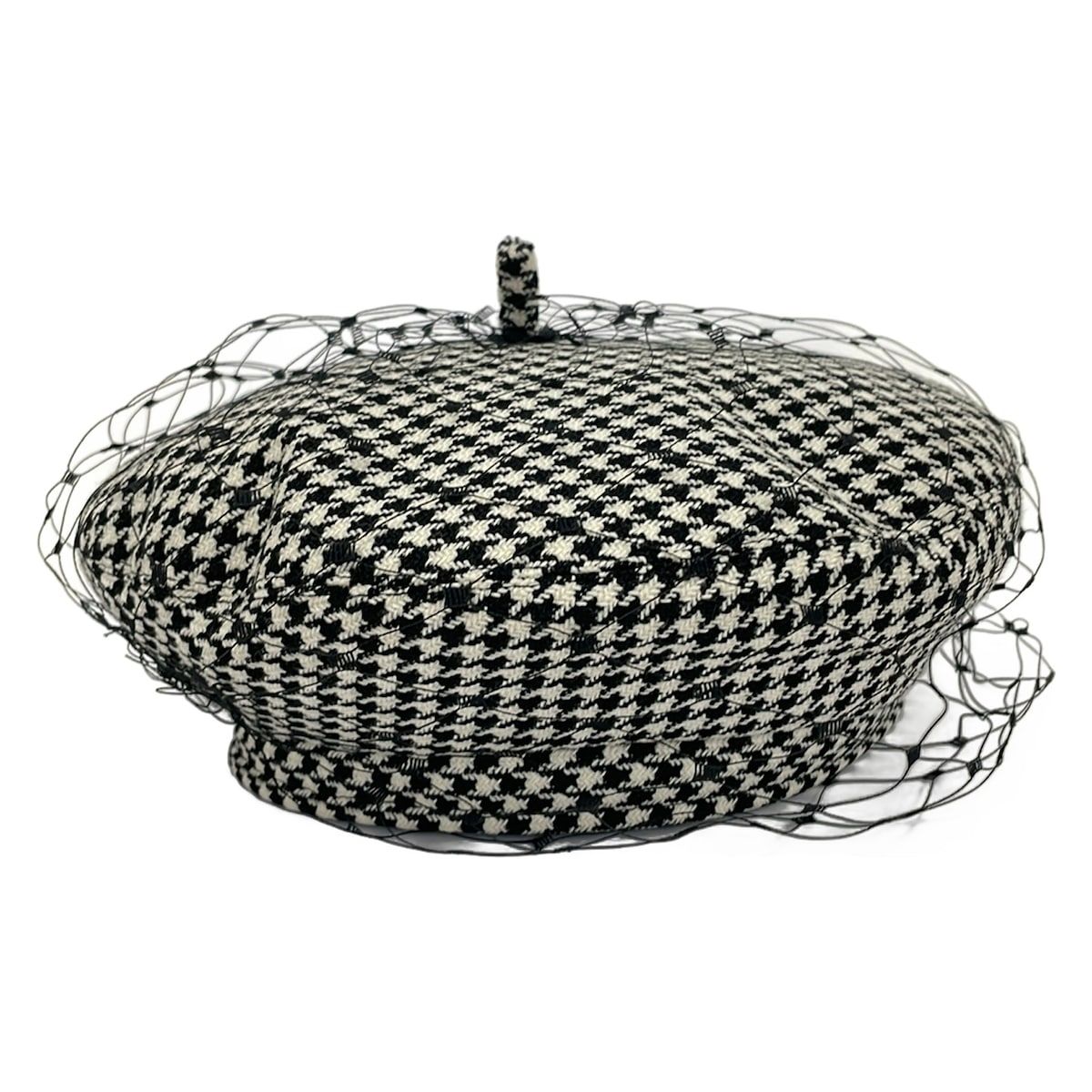 Dior Hat 57 Black White Beret Houndstooth Pattern Wool Silk — view 2