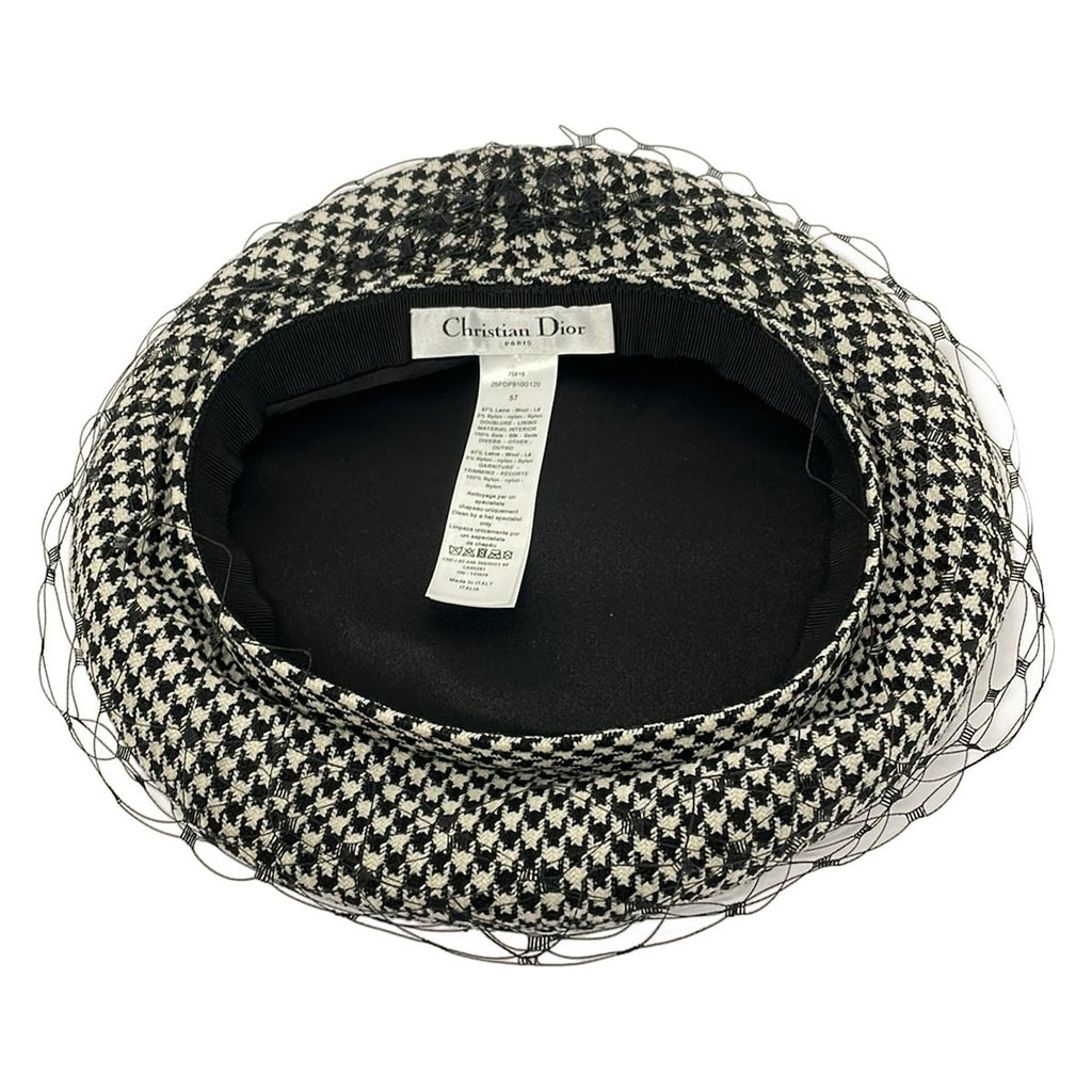 Dior Hat 57 Black White Beret Houndstooth Pattern Wool Silk — view 6