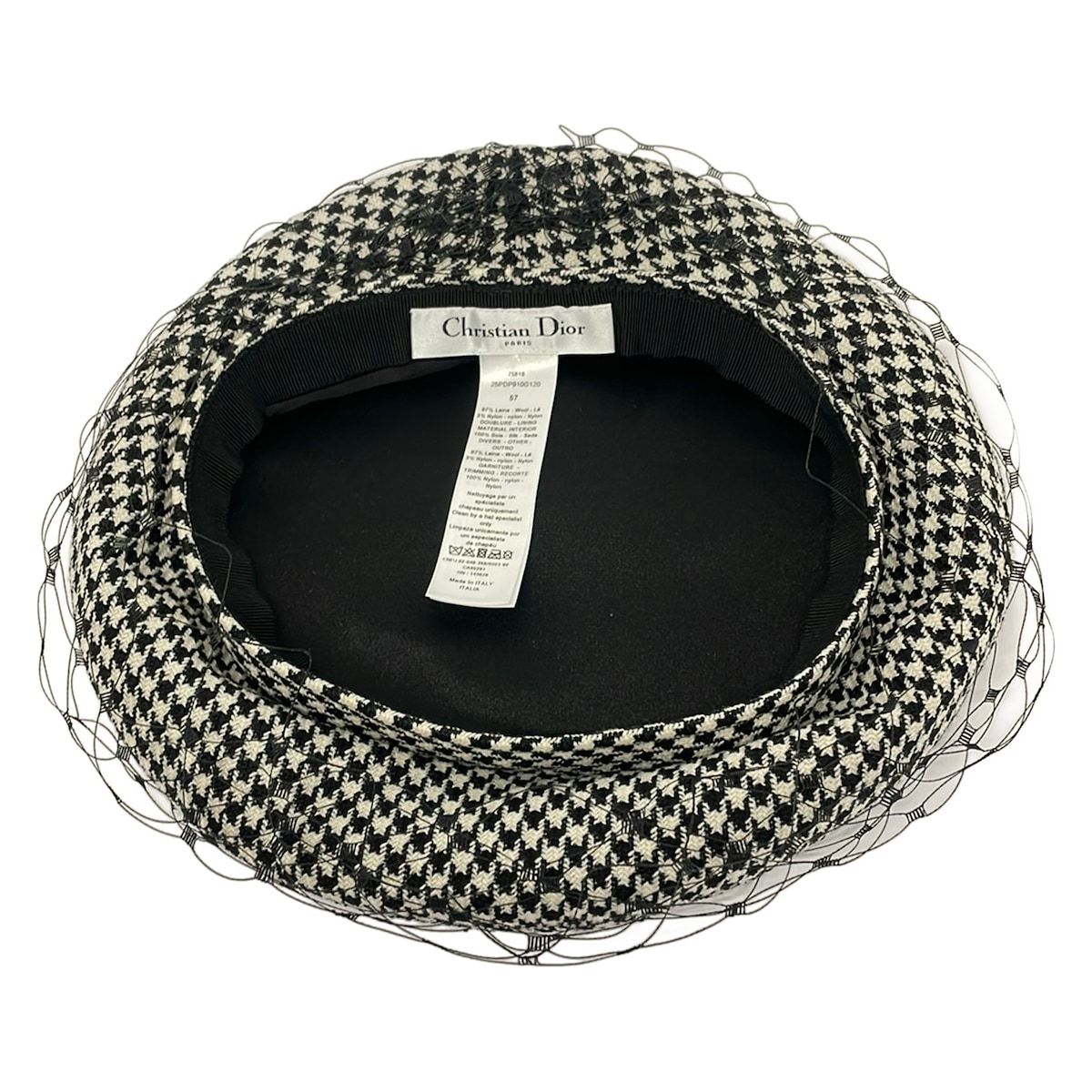 Dior Hat 57 Black White Beret Houndstooth Pattern Wool Silk — view 6