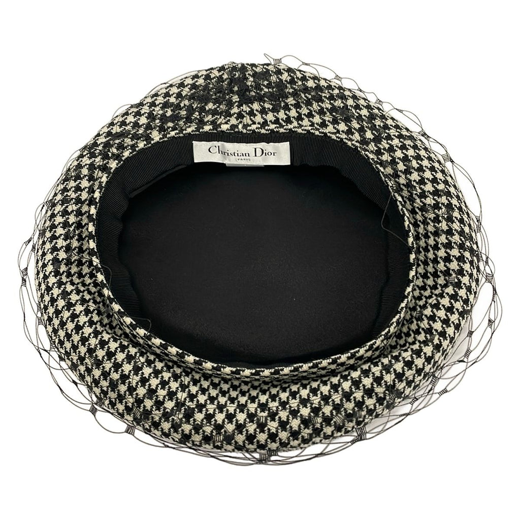 Dior Hat 57 Black White Beret Houndstooth Pattern Wool Silk — view 4
