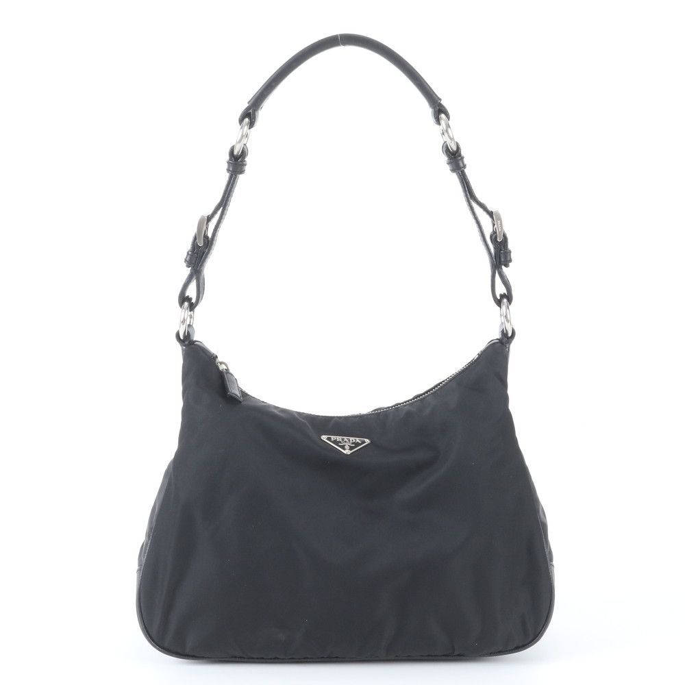 Prada Tessuto Nylon Triangle Logo Leather Shoulder Bag Black