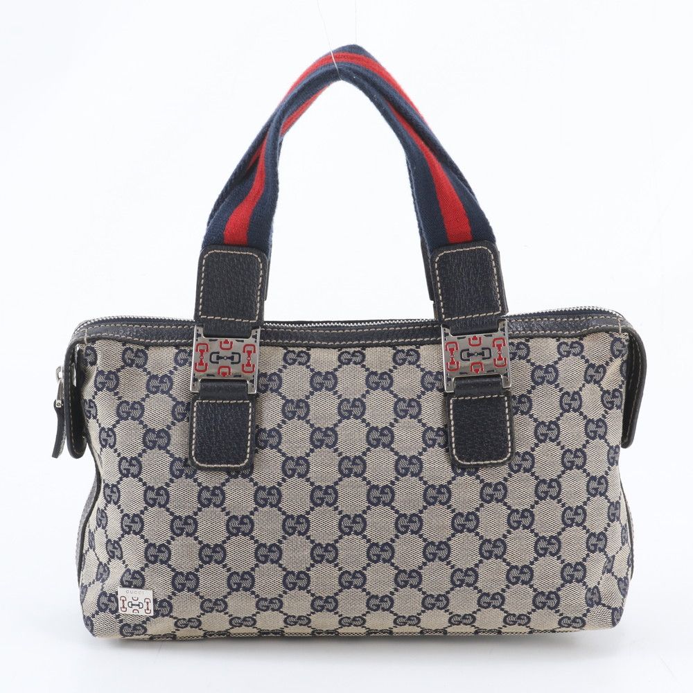 Gucci GG Canvas Sherry Line Leather Tote Shoulder Hand Navy