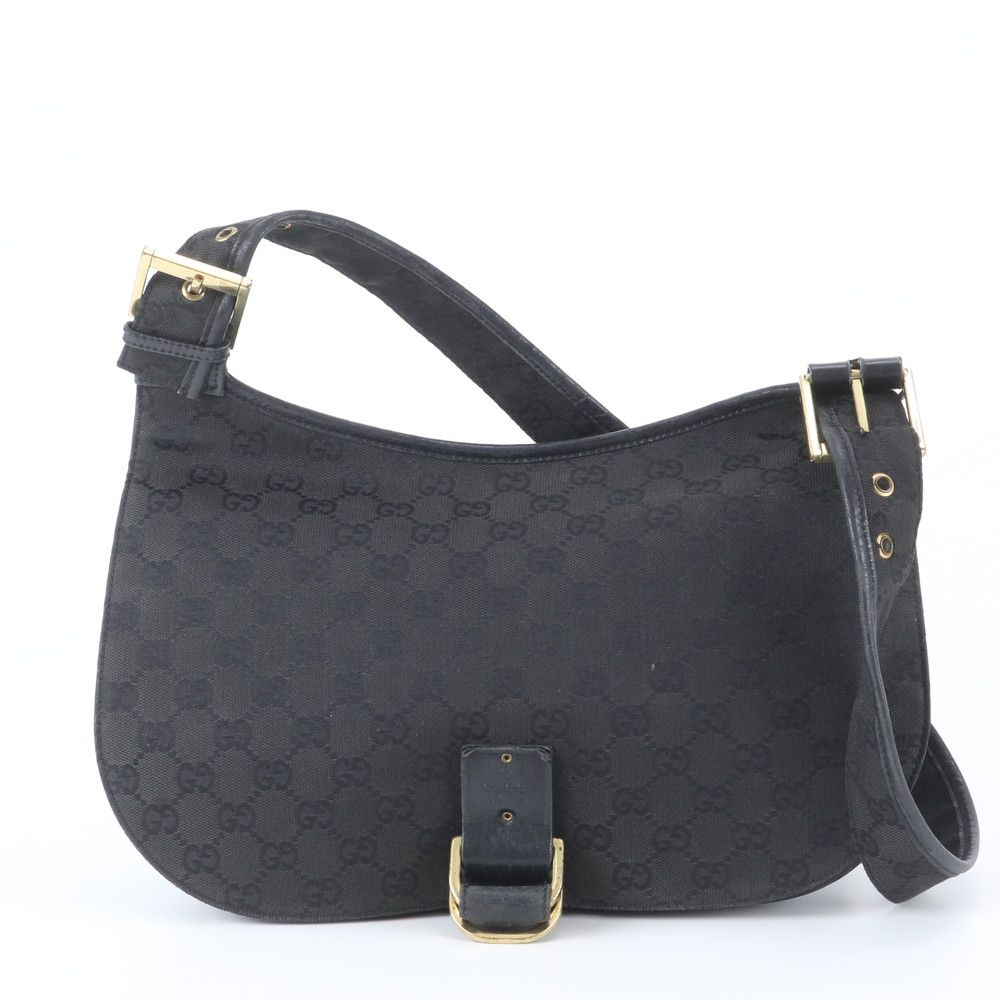 Gucci GG Canvas Flap Leather Shoulder Bag Hand Black