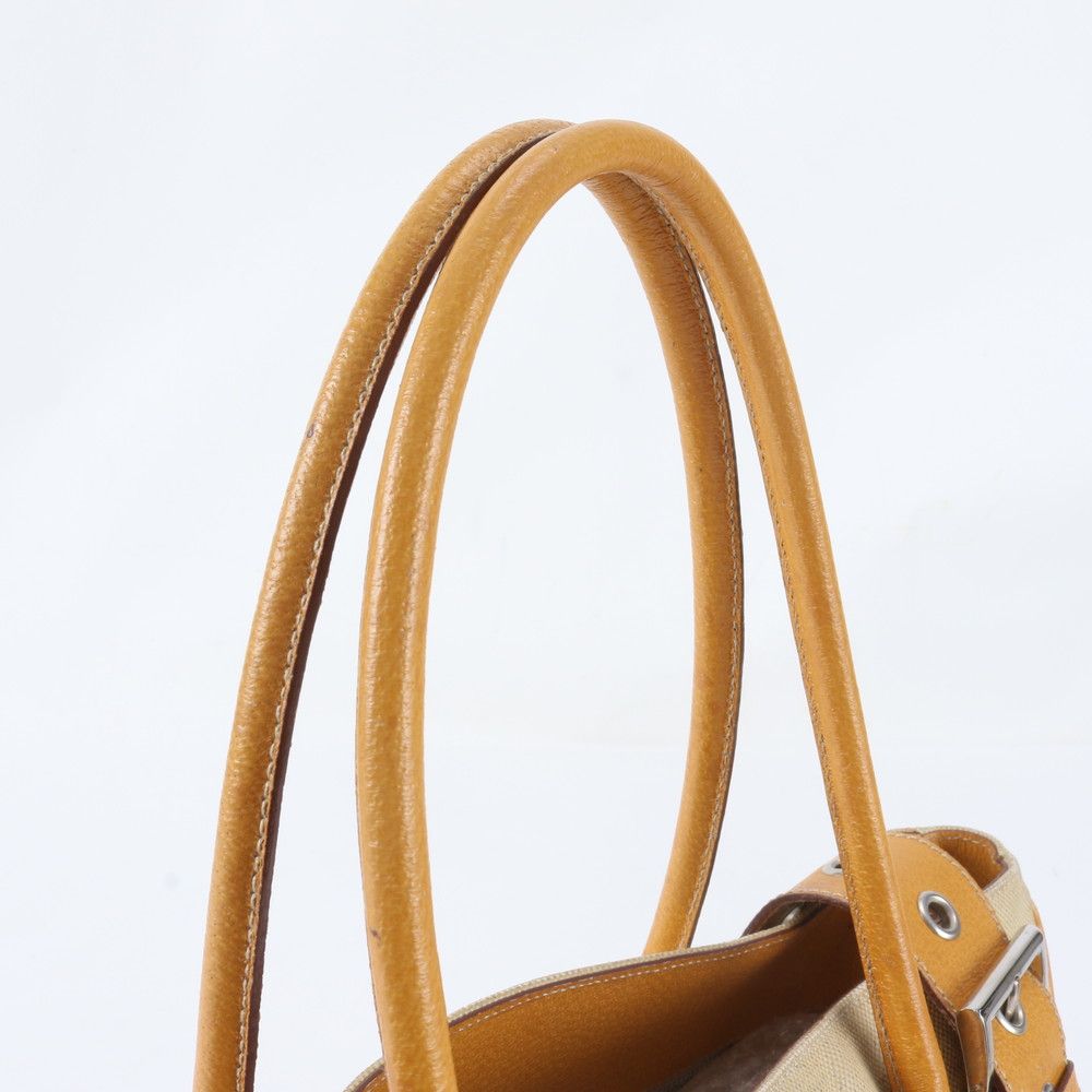 Prada Triangle Logo Leather Canvas Tote Shoulder Handle — view 2