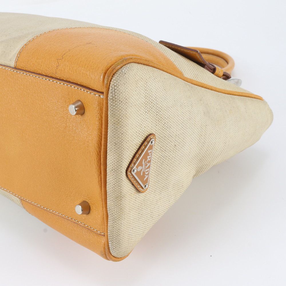 Prada Triangle Logo Leather Canvas Tote Shoulder Handle — view 4