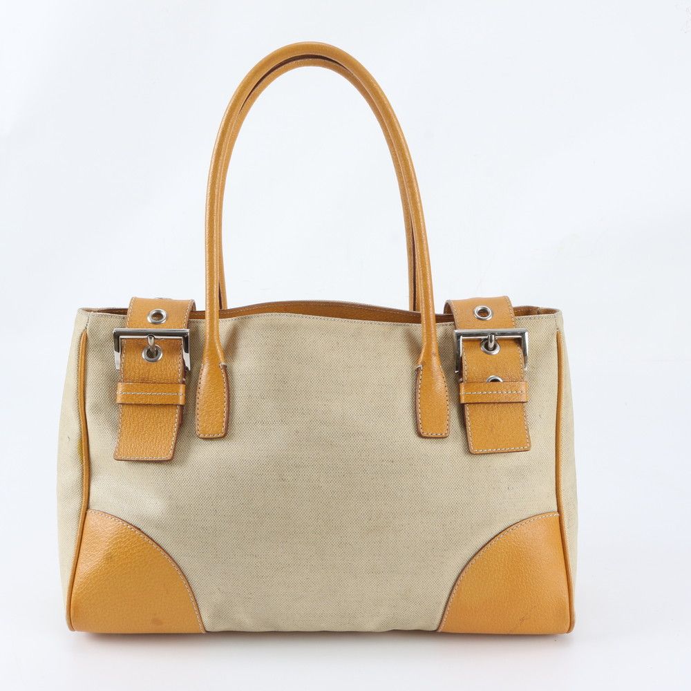Prada Triangle Logo Leather Canvas Tote Shoulder Handle