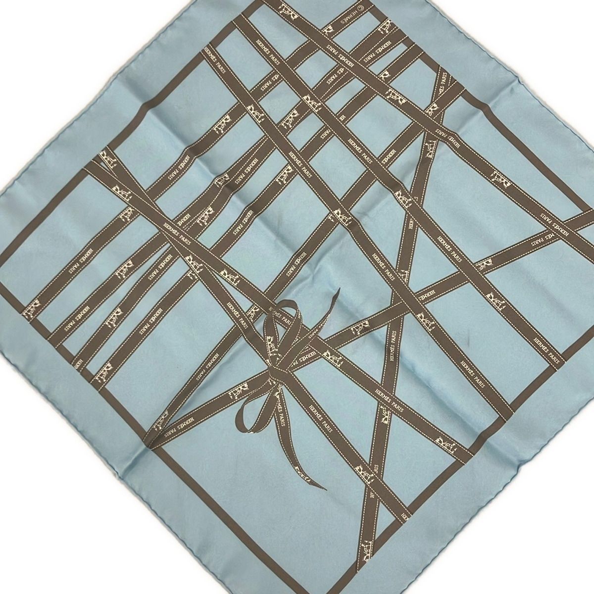 Hermes Scarf Petit Carre Light Blue Gray Ivory Bolduc Ribbon Pattern