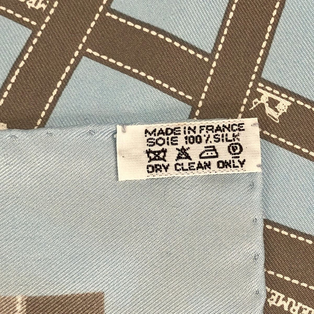 Hermes Scarf Petit Carre Light Blue Gray Ivory Bolduc Ribbon Pattern — view 3