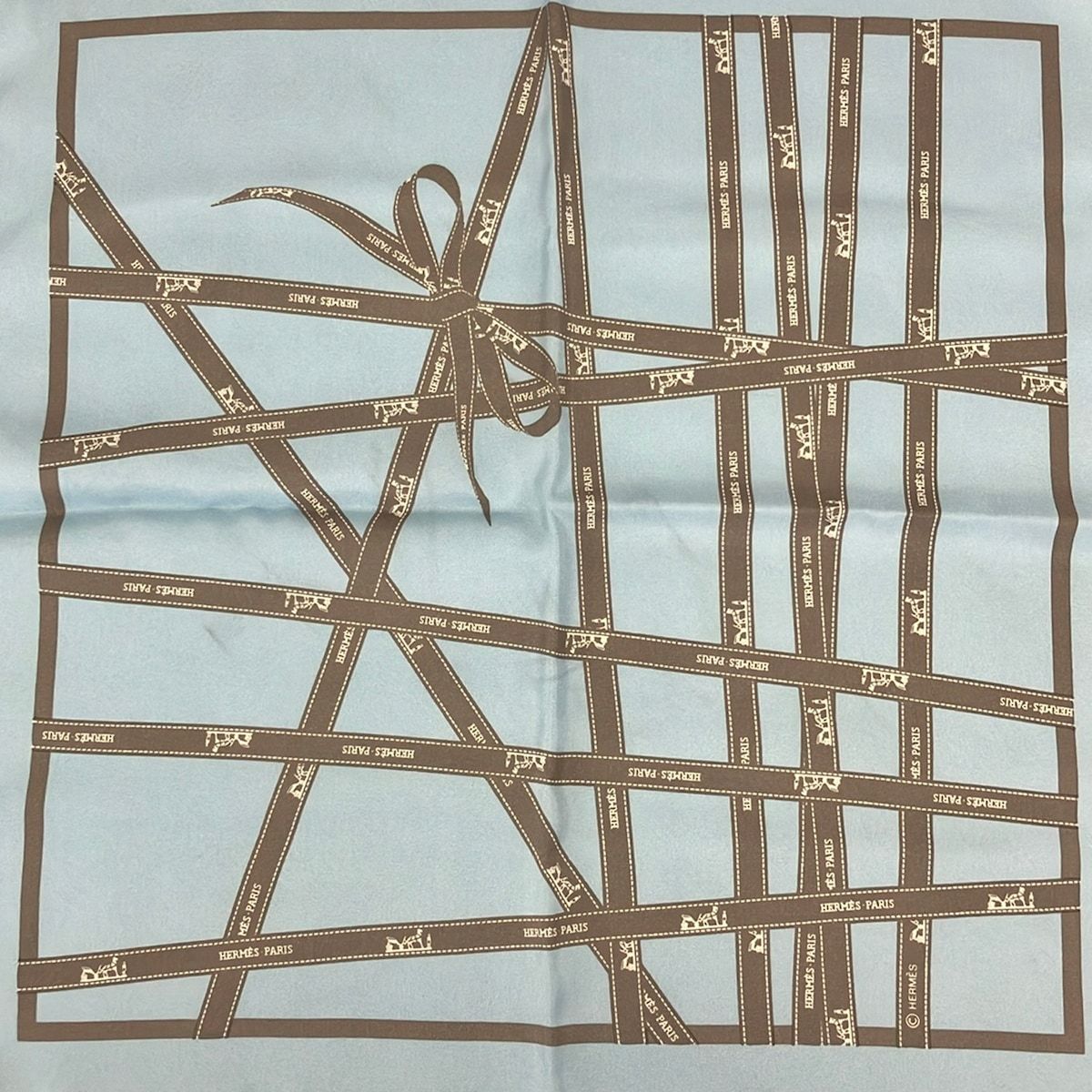 Hermes Scarf Petit Carre Light Blue Gray Ivory Bolduc Ribbon Pattern — view 4